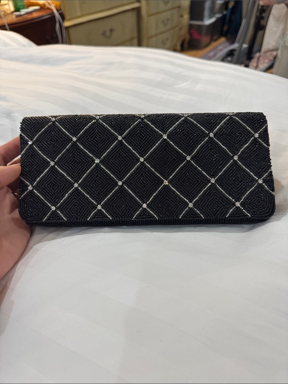 Kate Landry Black Beaded Diamond-Accent Evening Clutch